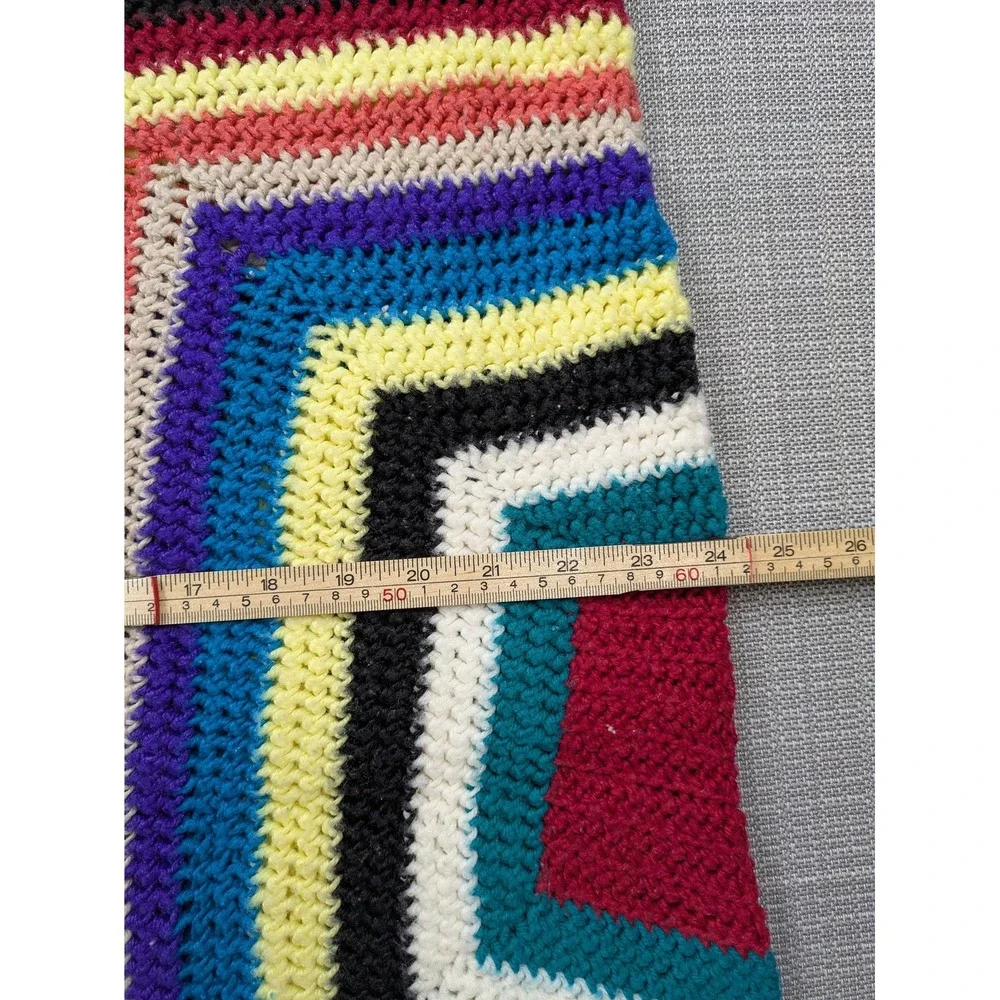 Handmade Knit Afghan Throw Blanket 48x47 Multicolor Striped Reversible